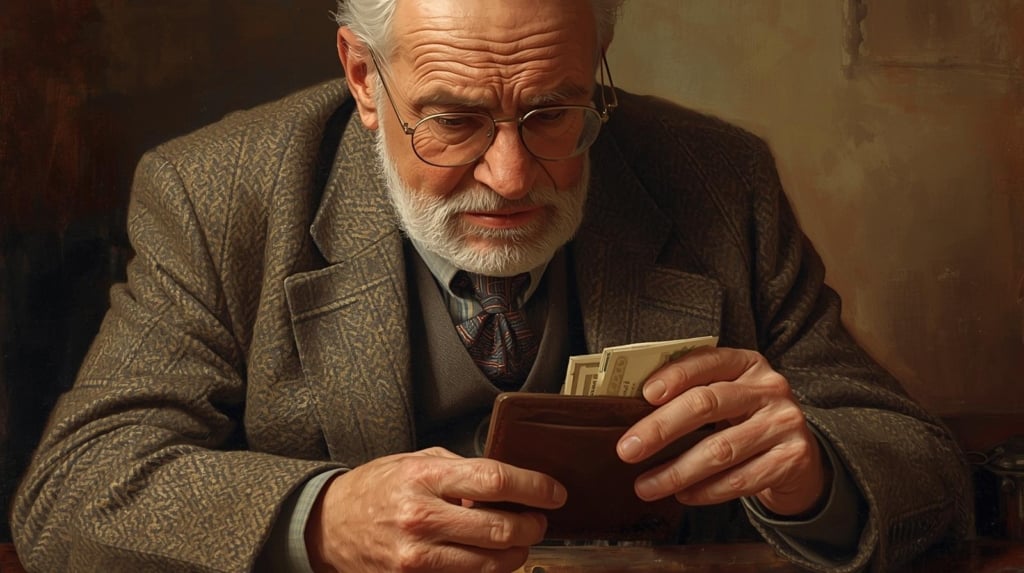 older man with slightly less worried face while spending money