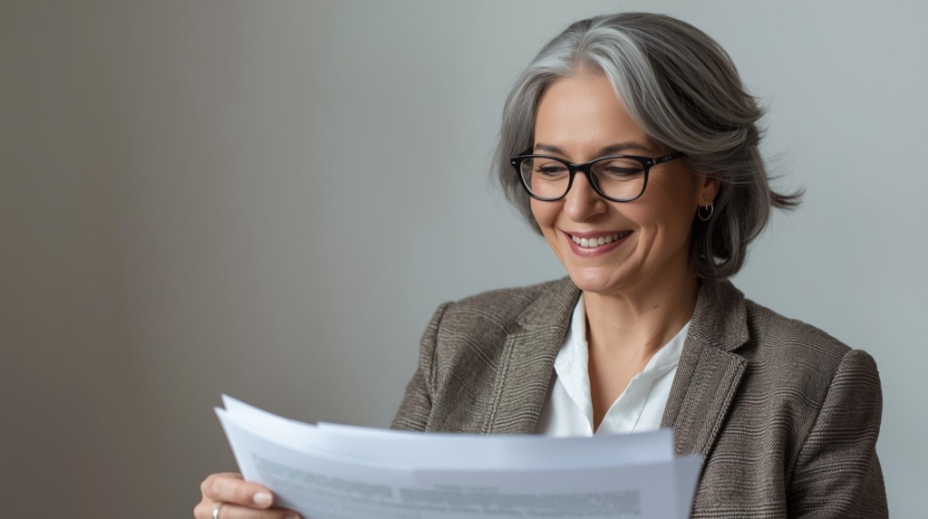 professional senior white woman reviewing information with a pleasant smile. No sun or bright light in background please.
